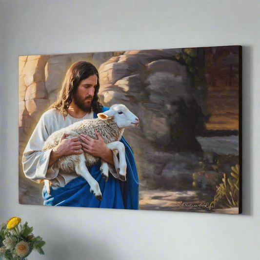 Shepherd holding sheep - Beautiful Gallery Wrapped Christian Wall Art Canvas