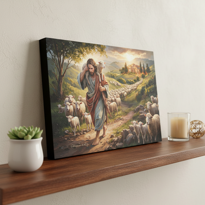 The Good Shepherd Carrying a Lamb: Christian-themed Gallery-Wrapped Canvas Wall Art