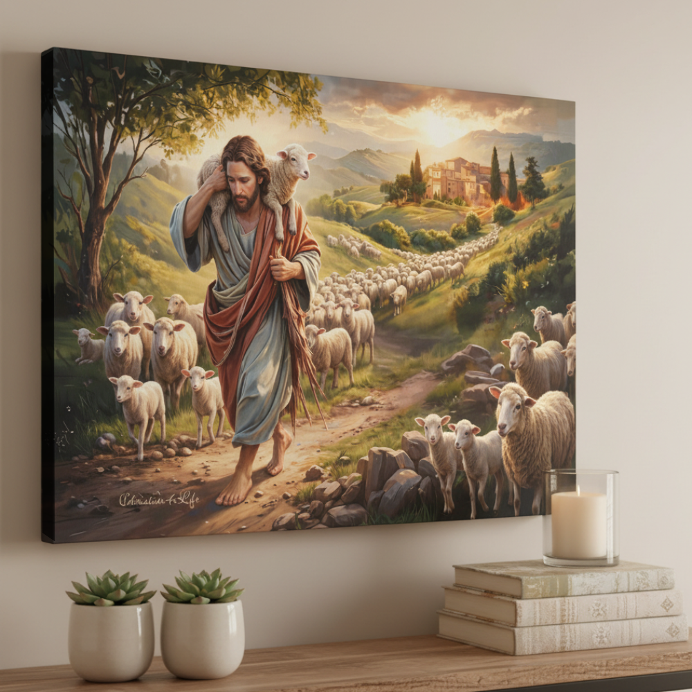 The Good Shepherd Carrying a Lamb: Christian-themed Gallery-Wrapped Canvas Wall Art