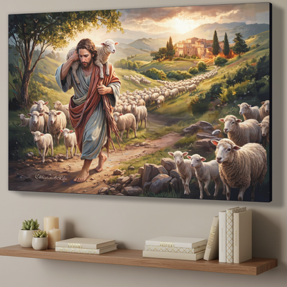 The Good Shepherd Carrying a Lamb: Christian-themed Gallery-Wrapped Canvas Wall Art