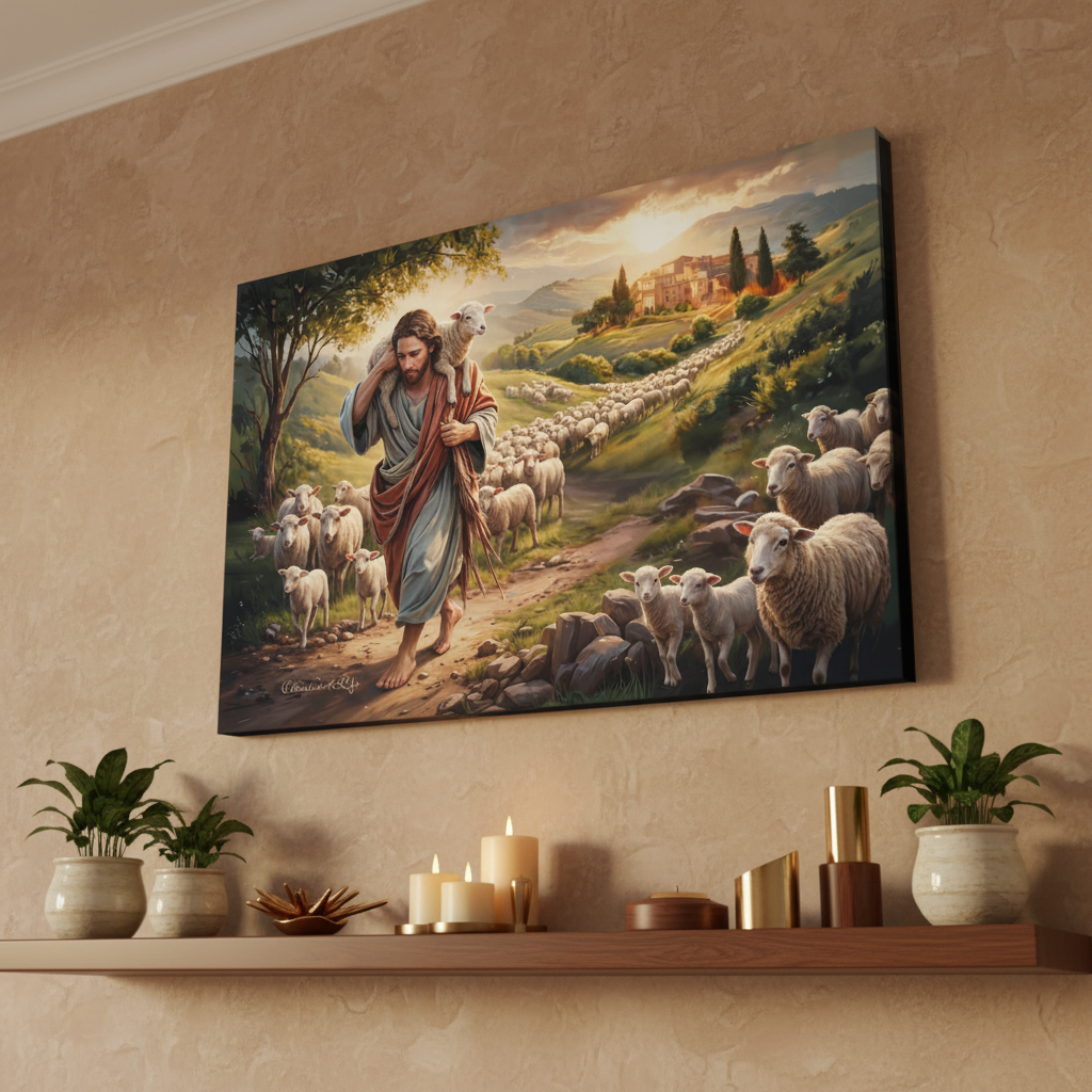 The Good Shepherd Carrying a Lamb: Christian-themed Gallery-Wrapped Canvas Wall Art