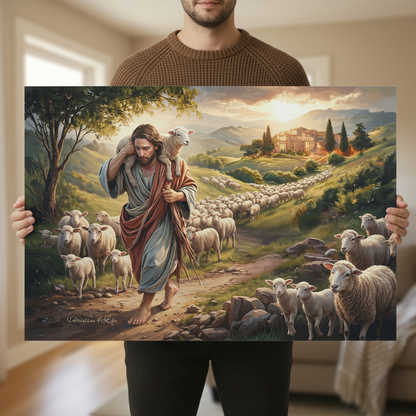 The Good Shepherd Carrying a Lamb: Christian-themed Gallery-Wrapped Canvas Wall Art