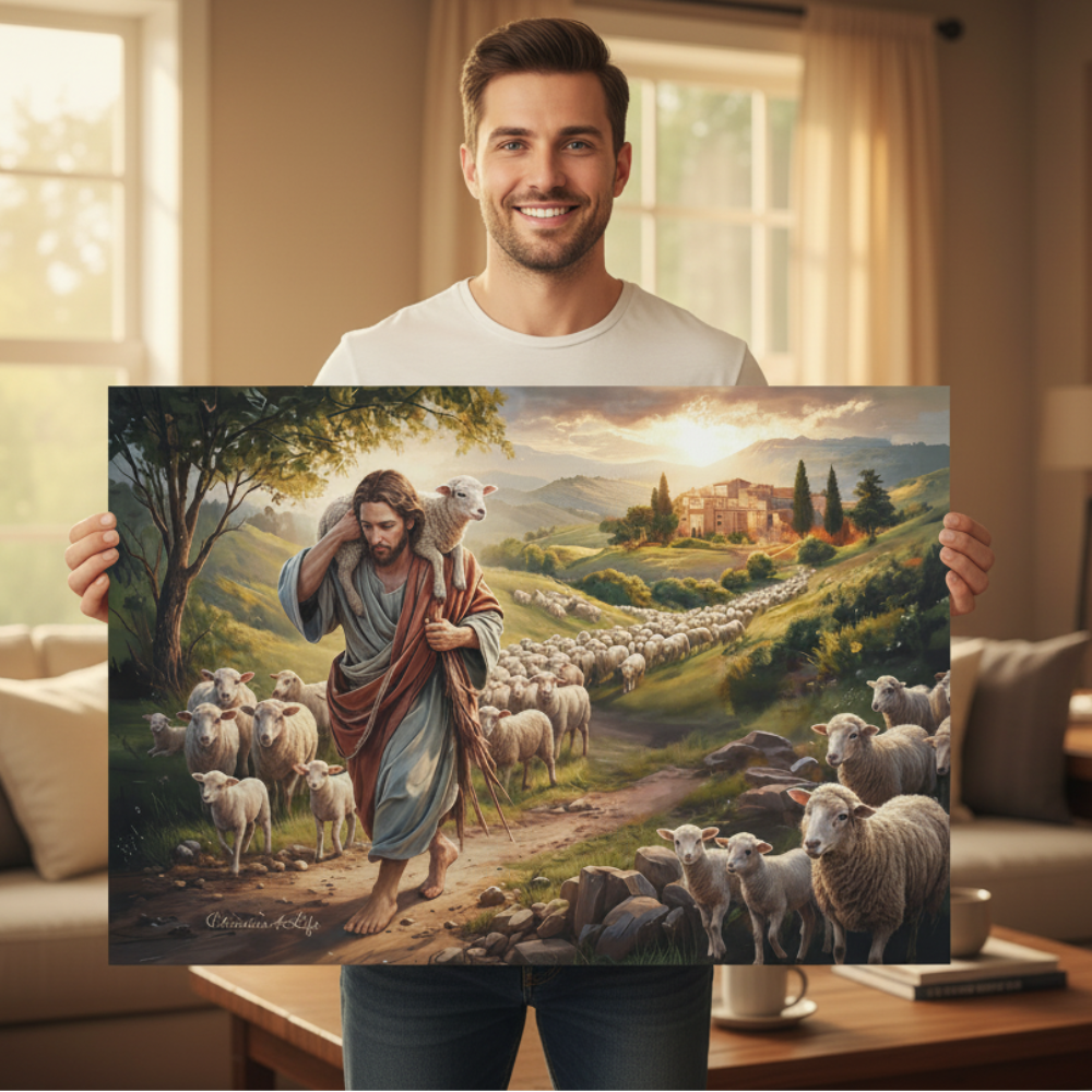 The Good Shepherd Carrying a Lamb: Christian-themed Gallery-Wrapped Canvas Wall Art