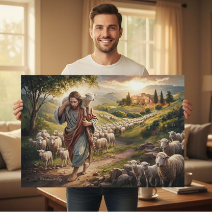 The Good Shepherd Carrying a Lamb: Christian-themed Gallery-Wrapped Canvas Wall Art