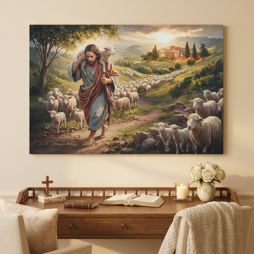 The Good Shepherd Carrying a Lamb: Christian-themed Gallery-Wrapped Canvas Wall Art