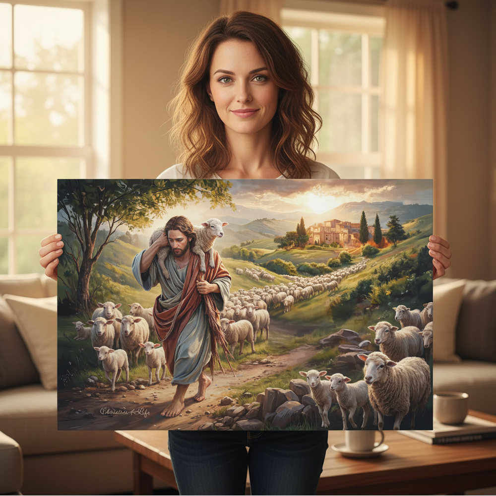 The Good Shepherd Carrying a Lamb: Christian-themed Gallery-Wrapped Canvas Wall Art