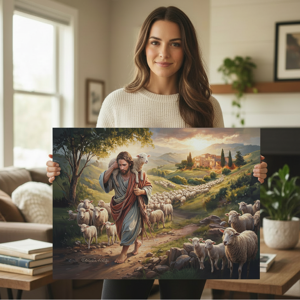 The Good Shepherd Carrying a Lamb: Christian-themed Gallery-Wrapped Canvas Wall Art
