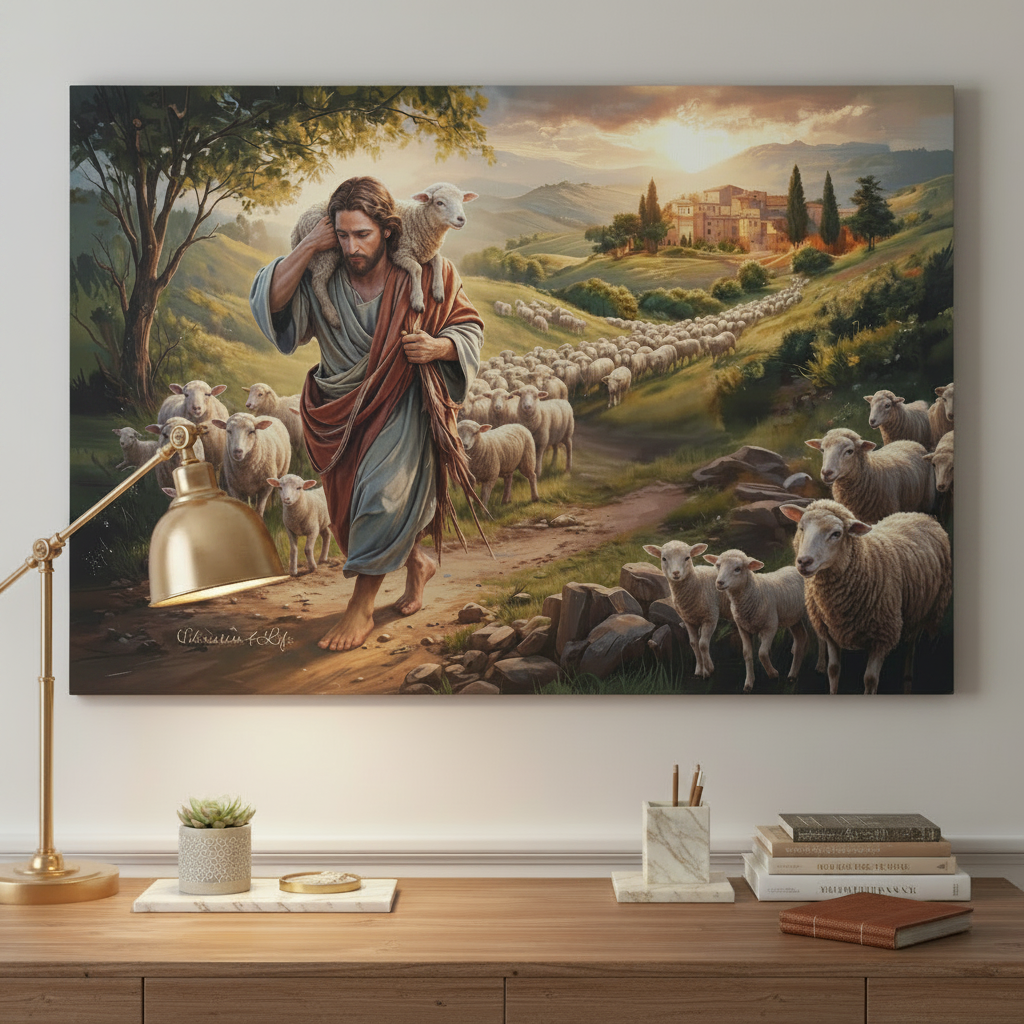 The Good Shepherd Carrying a Lamb: Christian-themed Gallery-Wrapped Canvas Wall Art