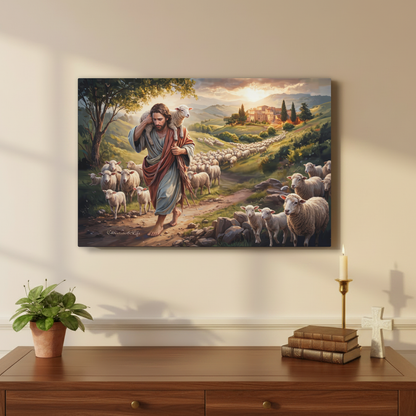 The Good Shepherd Carrying a Lamb: Christian-themed Gallery-Wrapped Canvas Wall Art