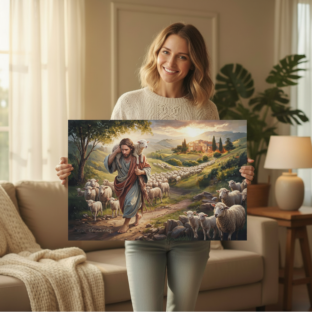 The Good Shepherd Carrying a Lamb: Christian-themed Gallery-Wrapped Canvas Wall Art