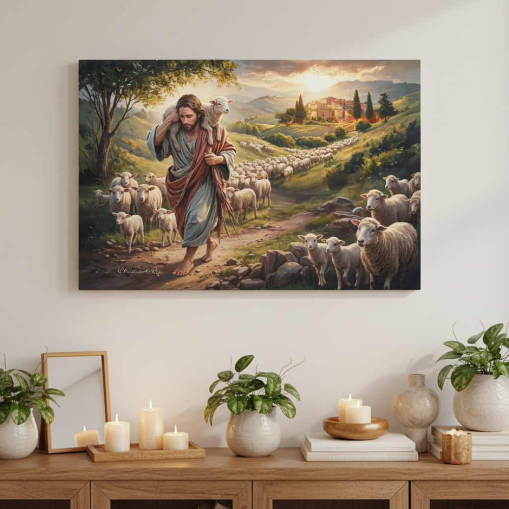 The Good Shepherd Carrying a Lamb: Christian-themed Gallery-Wrapped Canvas Wall Art
