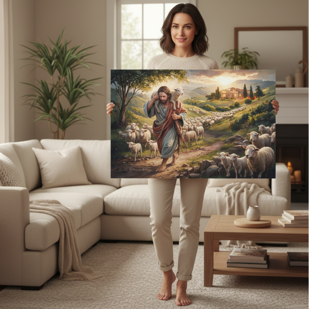 The Good Shepherd Carrying a Lamb: Christian-themed Gallery-Wrapped Canvas Wall Art