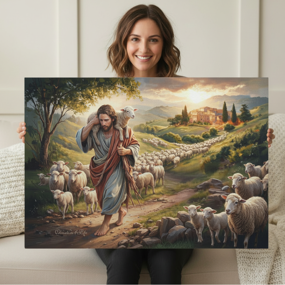 The Good Shepherd Carrying a Lamb: Christian-themed Gallery-Wrapped Canvas Wall Art
