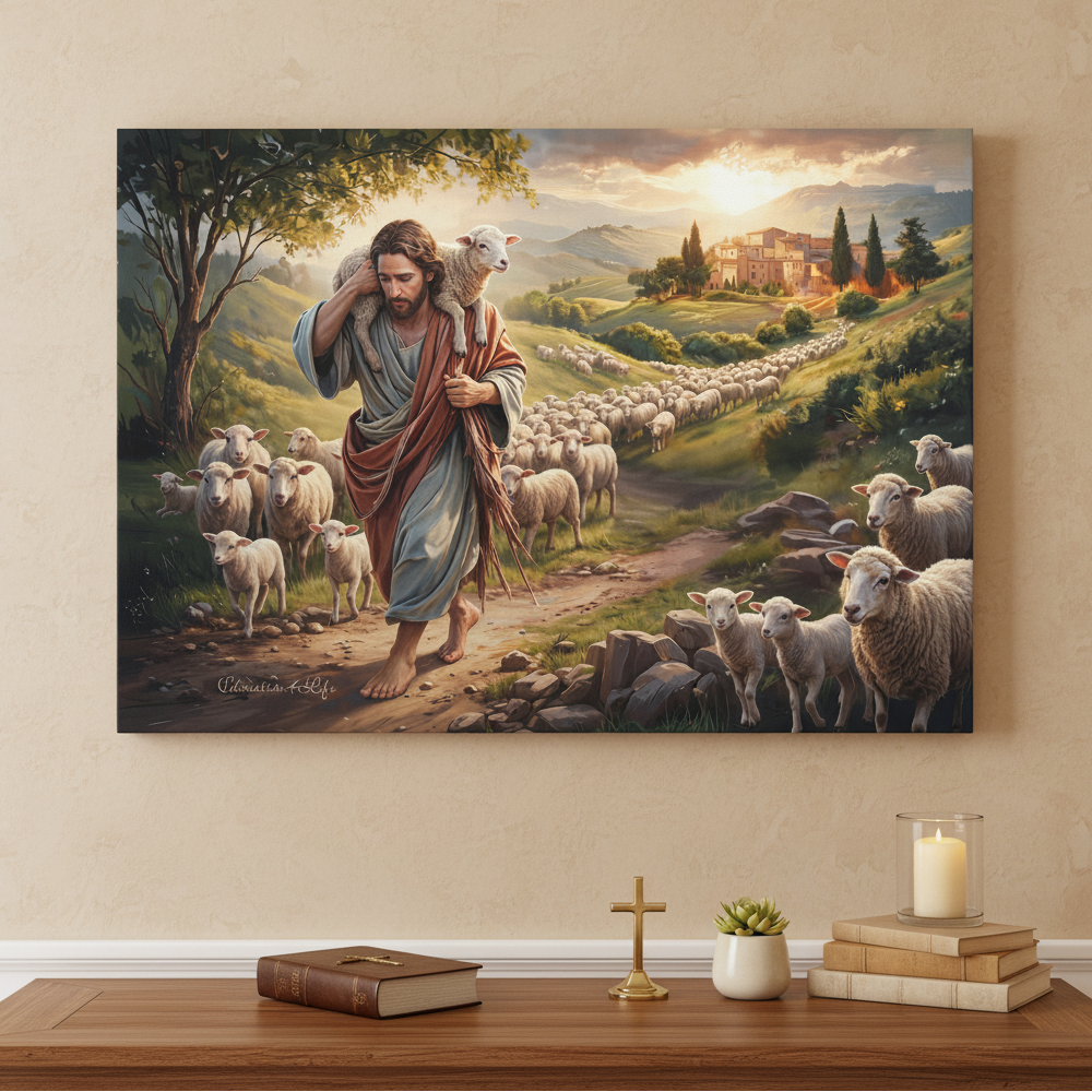 The Good Shepherd Carrying a Lamb: Christian-themed Gallery-Wrapped Canvas Wall Art