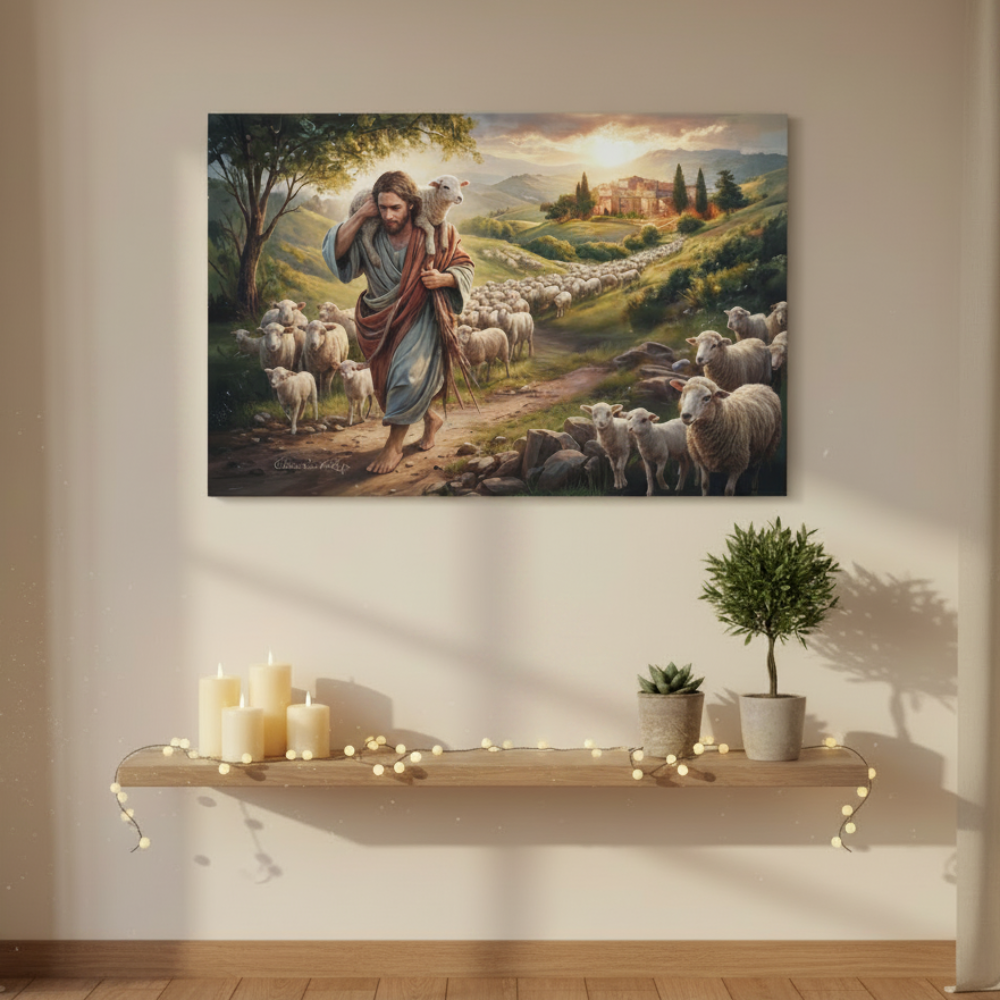 The Good Shepherd Carrying a Lamb: Christian-themed Gallery-Wrapped Canvas Wall Art