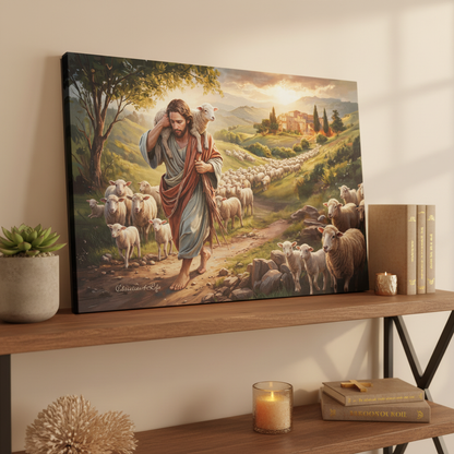 The Good Shepherd Carrying a Lamb: Christian-themed Gallery-Wrapped Canvas Wall Art