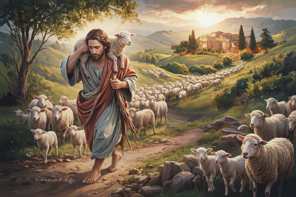 The Good Shepherd Carrying a Lamb: Christian-themed Gallery-Wrapped Canvas Wall Art