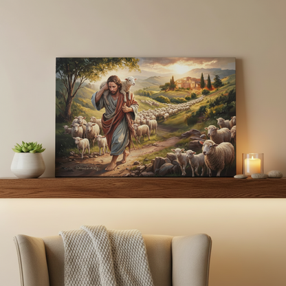 The Good Shepherd Carrying a Lamb: Christian-themed Gallery-Wrapped Canvas Wall Art