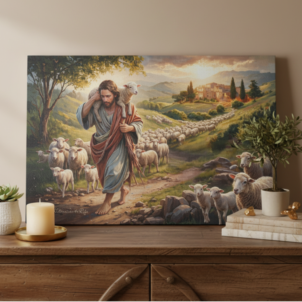 The Good Shepherd Carrying a Lamb: Christian-themed Gallery-Wrapped Canvas Wall Art