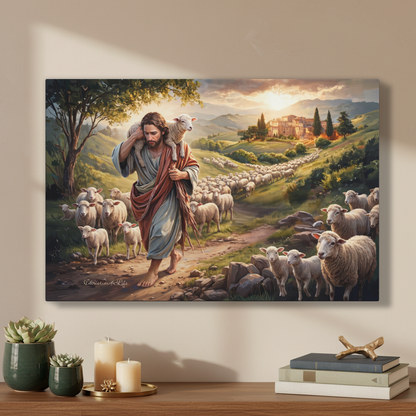 The Good Shepherd Carrying a Lamb: Christian-themed Gallery-Wrapped Canvas Wall Art