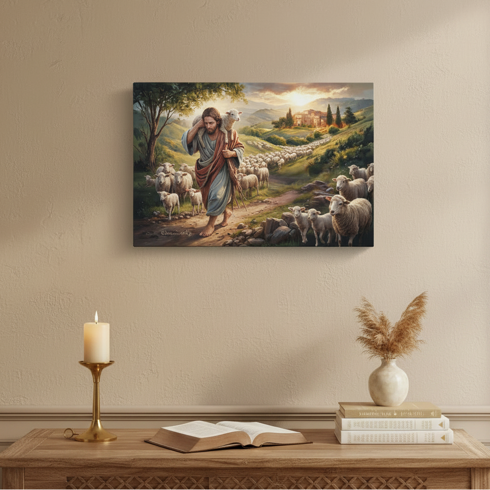 The Good Shepherd Carrying a Lamb: Christian-themed Gallery-Wrapped Canvas Wall Art