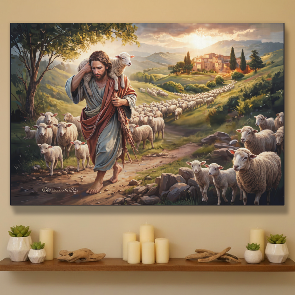 The Good Shepherd Carrying a Lamb: Christian-themed Gallery-Wrapped Canvas Wall Art