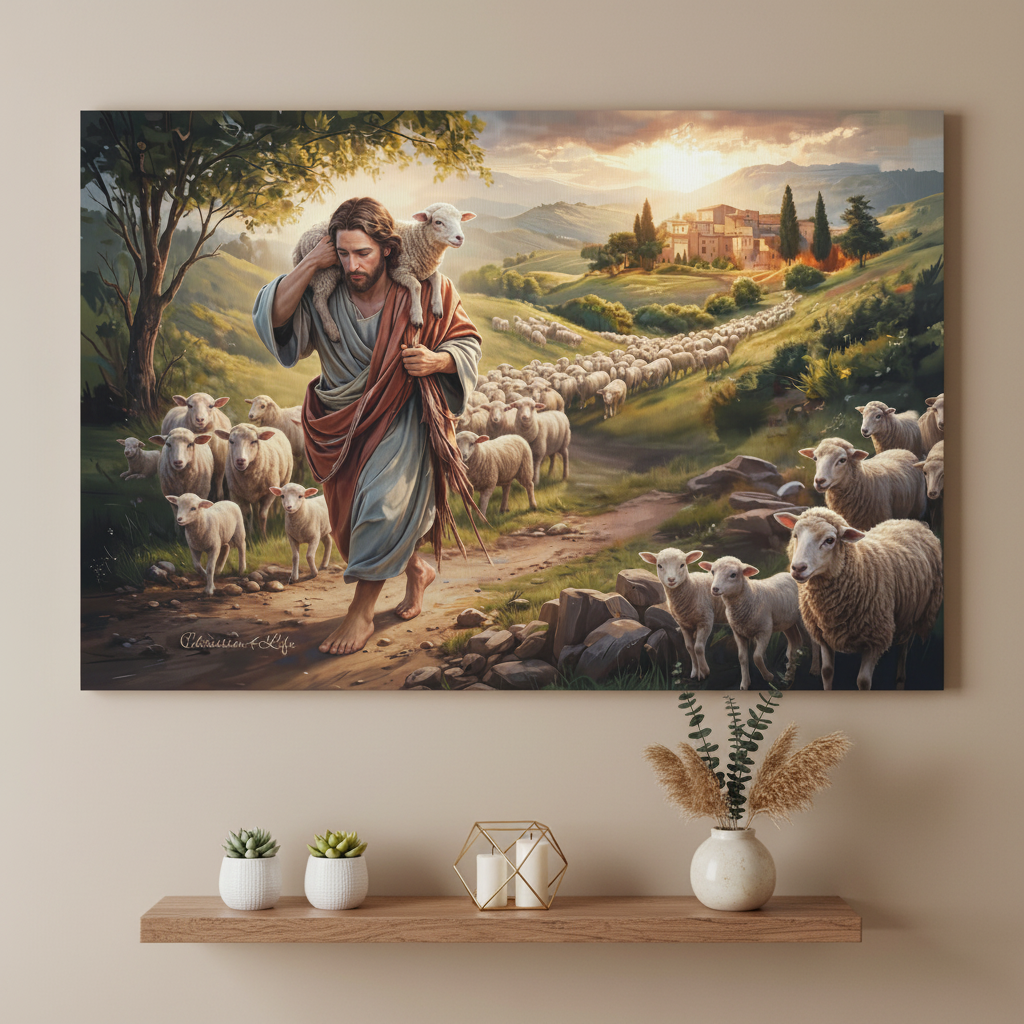 The Good Shepherd Carrying a Lamb: Christian-themed Gallery-Wrapped Canvas Wall Art