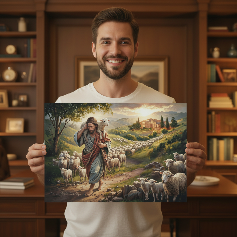 The Good Shepherd Carrying a Lamb: Christian-themed Gallery-Wrapped Canvas Wall Art