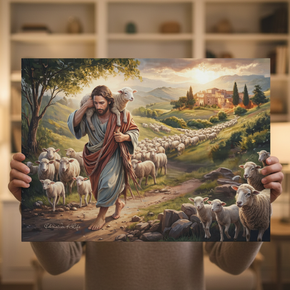 The Good Shepherd Carrying a Lamb: Christian-themed Gallery-Wrapped Canvas Wall Art