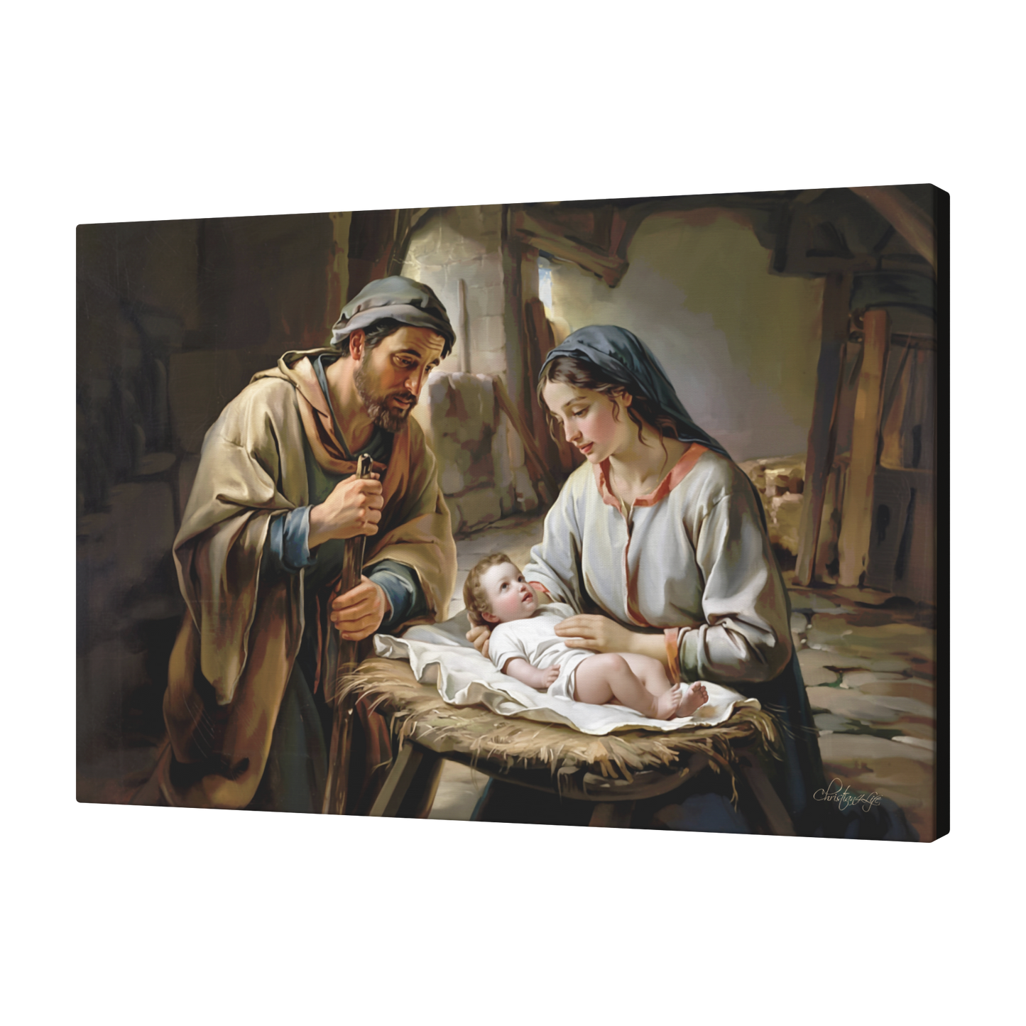 Painting of baby Jesus, Joseph and Mary  in a rustic setting