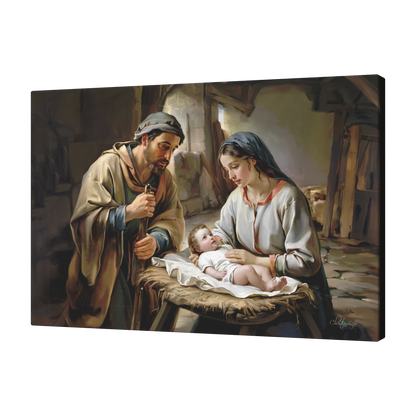 Painting of baby Jesus, Joseph and Mary  in a rustic setting