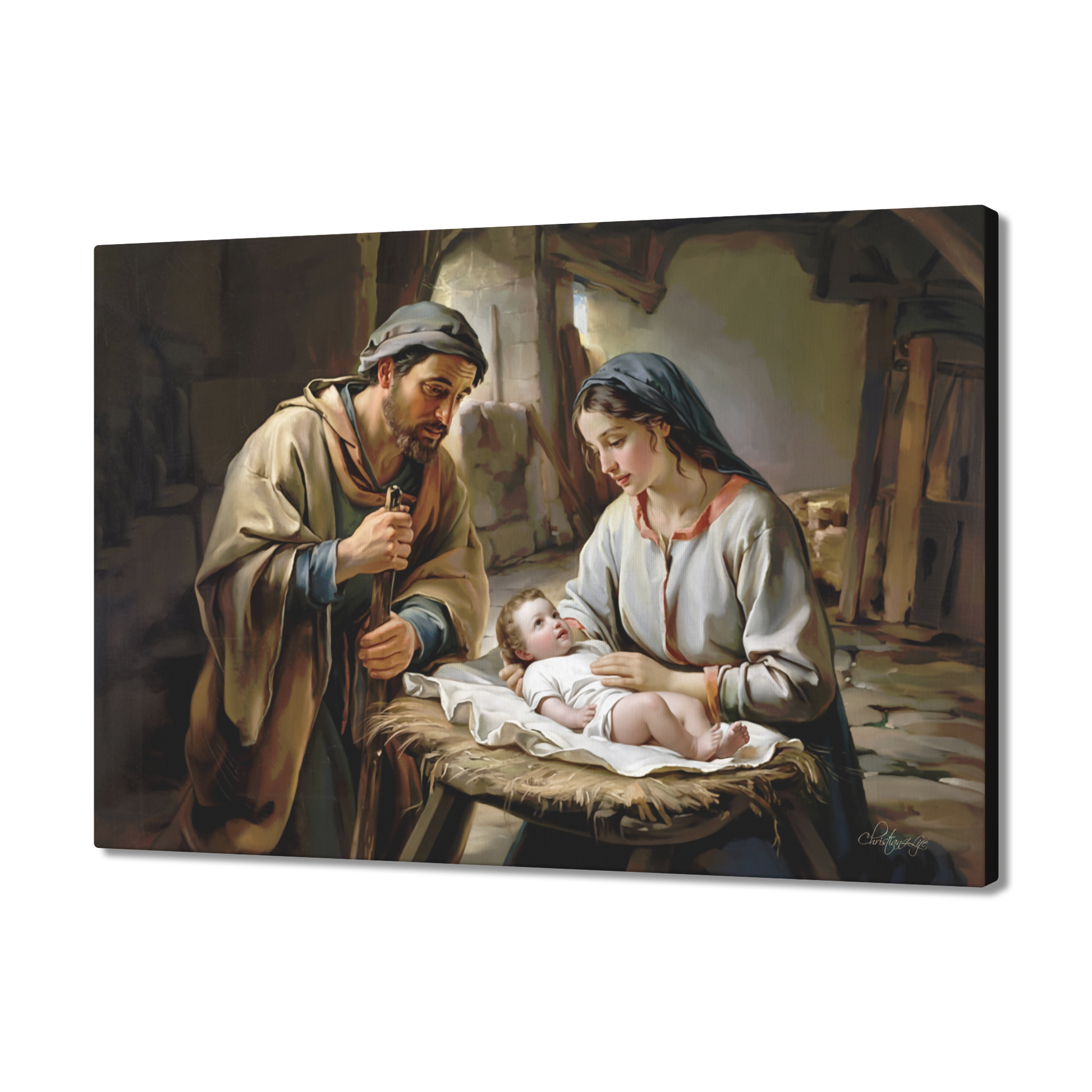 Painting of baby Jesus, Joseph and Mary  in a rustic setting