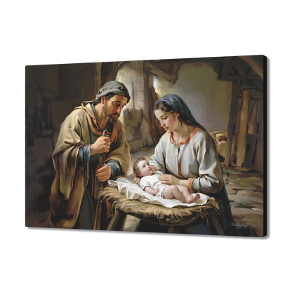 Painting of baby Jesus, Joseph and Mary  in a rustic setting