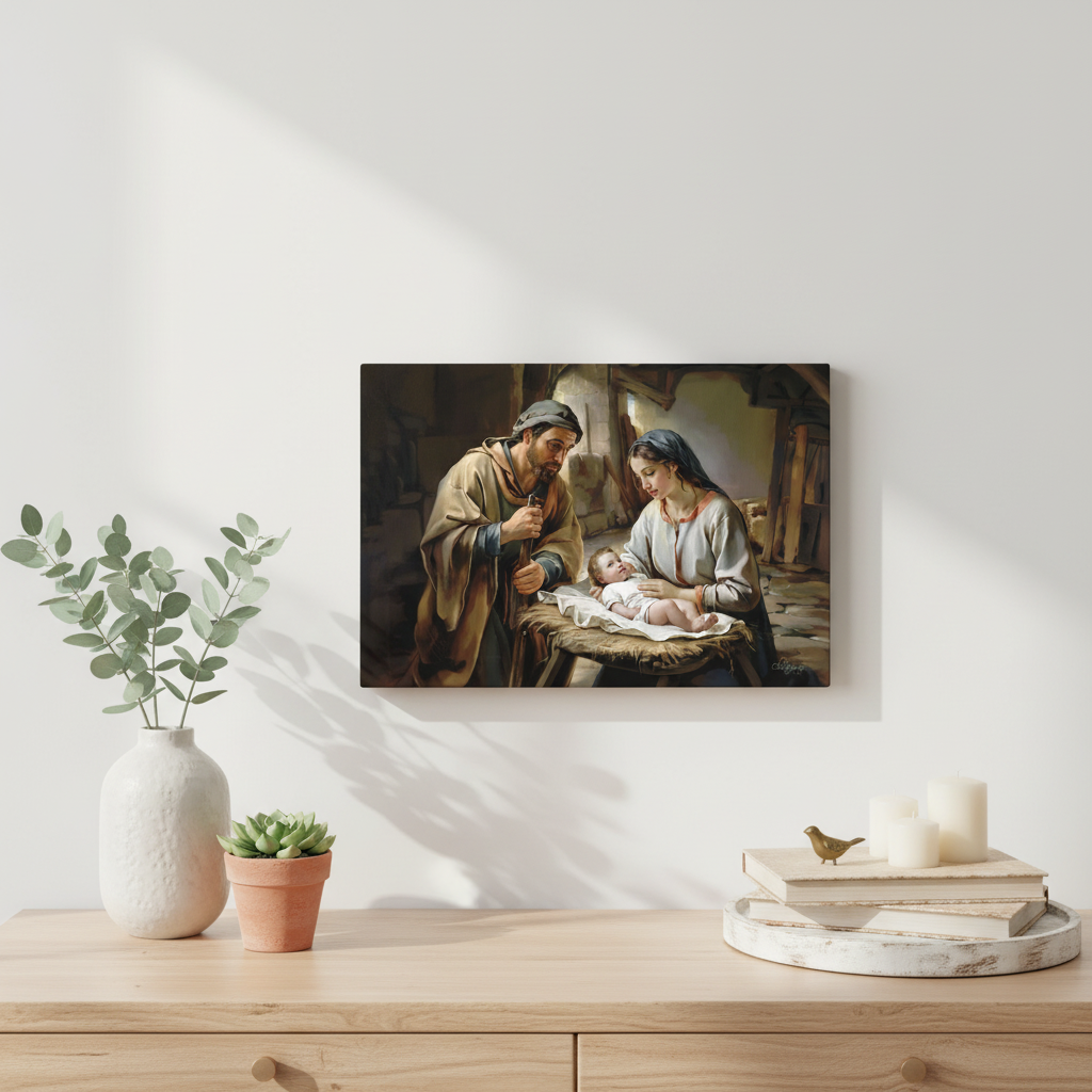 Framed artwork of a religious scene on a wall above a wooden table with decor items.