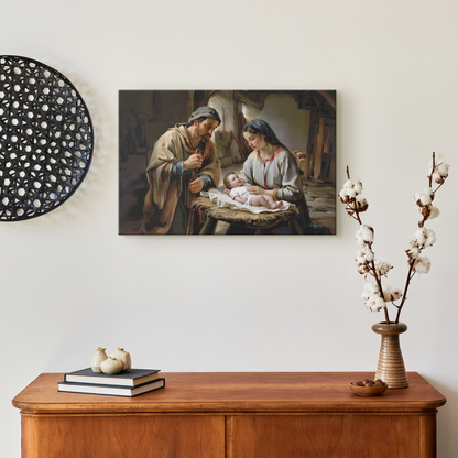 Framed artwork of the Holy Family on a wall above a wooden cabinet with decorative items.