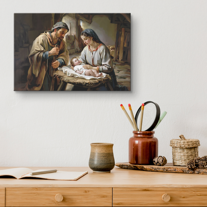 Framed painting of baby Jesus, Joseph and Mary  on a wall above a wooden desk with decorative items.