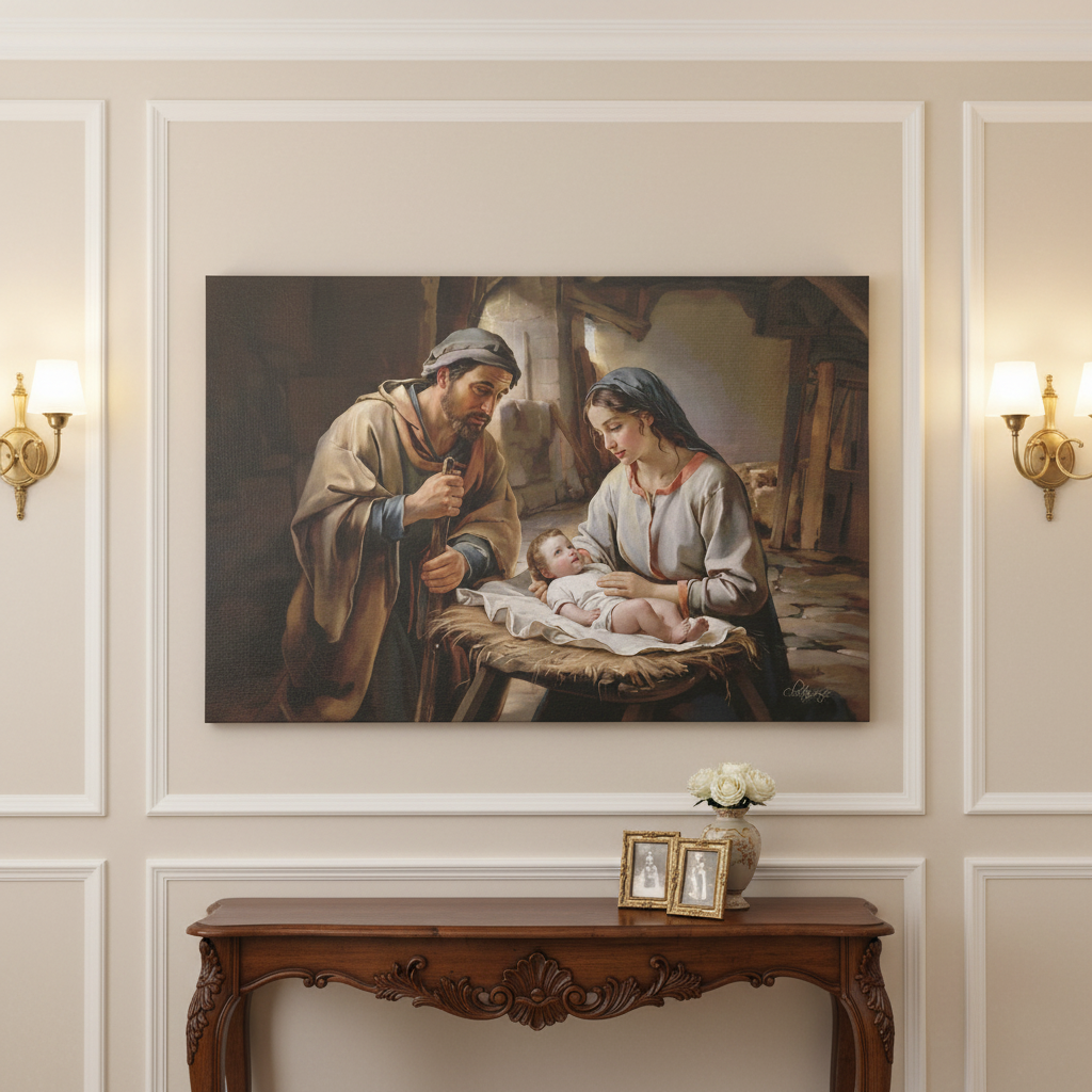 Painting of a religious scene with Joseph, Mary and baby Jesus on a wall above a wooden console table.