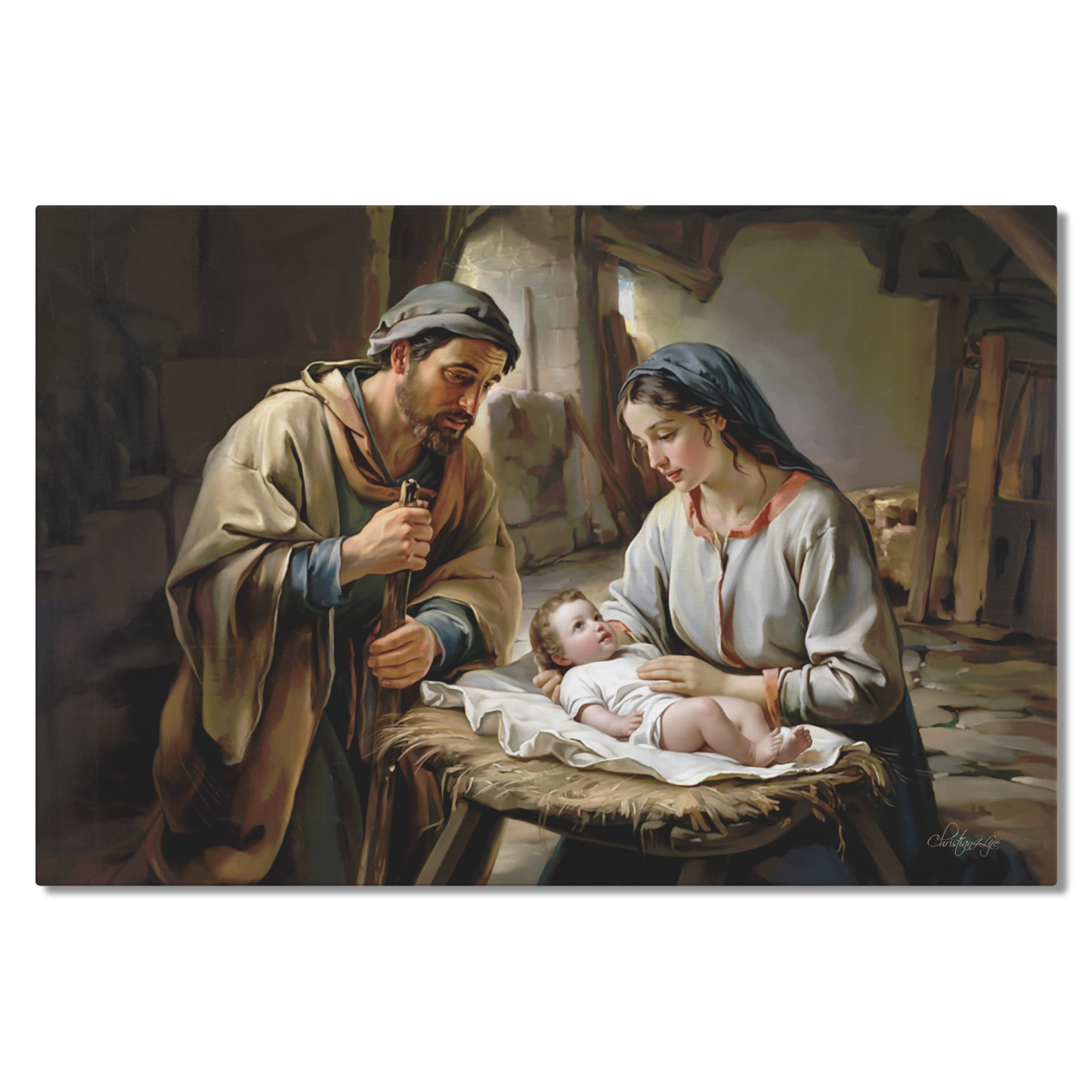 Painting of Joseph and Mary holding baby Jesus in a rustic setting