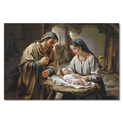 Painting of Joseph and Mary holding baby Jesus in a rustic setting