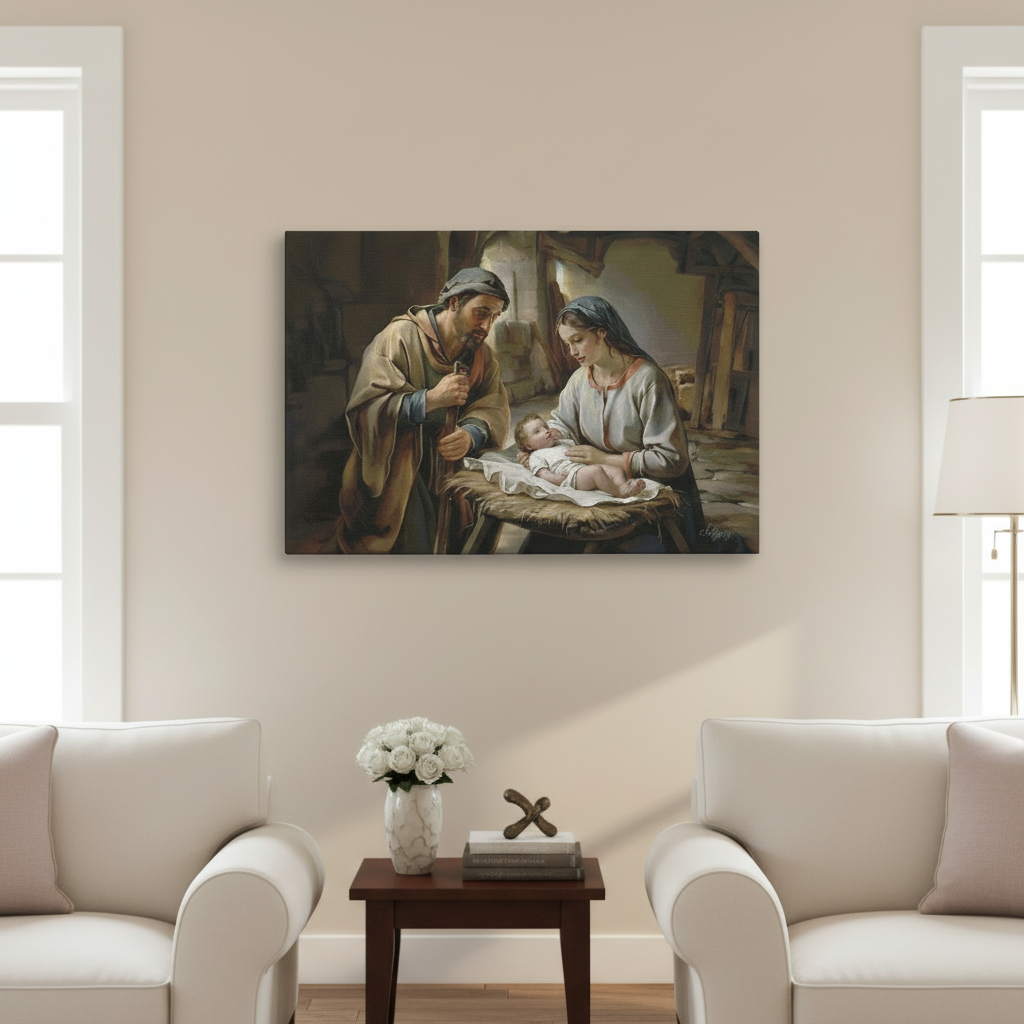 Painting of a nativity scene in a living room with white walls and furniture.