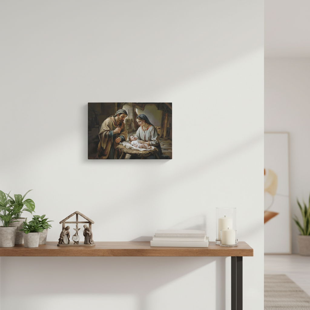 Canvas print of a religious scene hanging on a wall above a wooden shelf with decorative items.