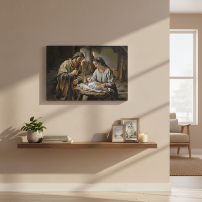Nativity scene painting on a wall above a wooden shelf with decor items.