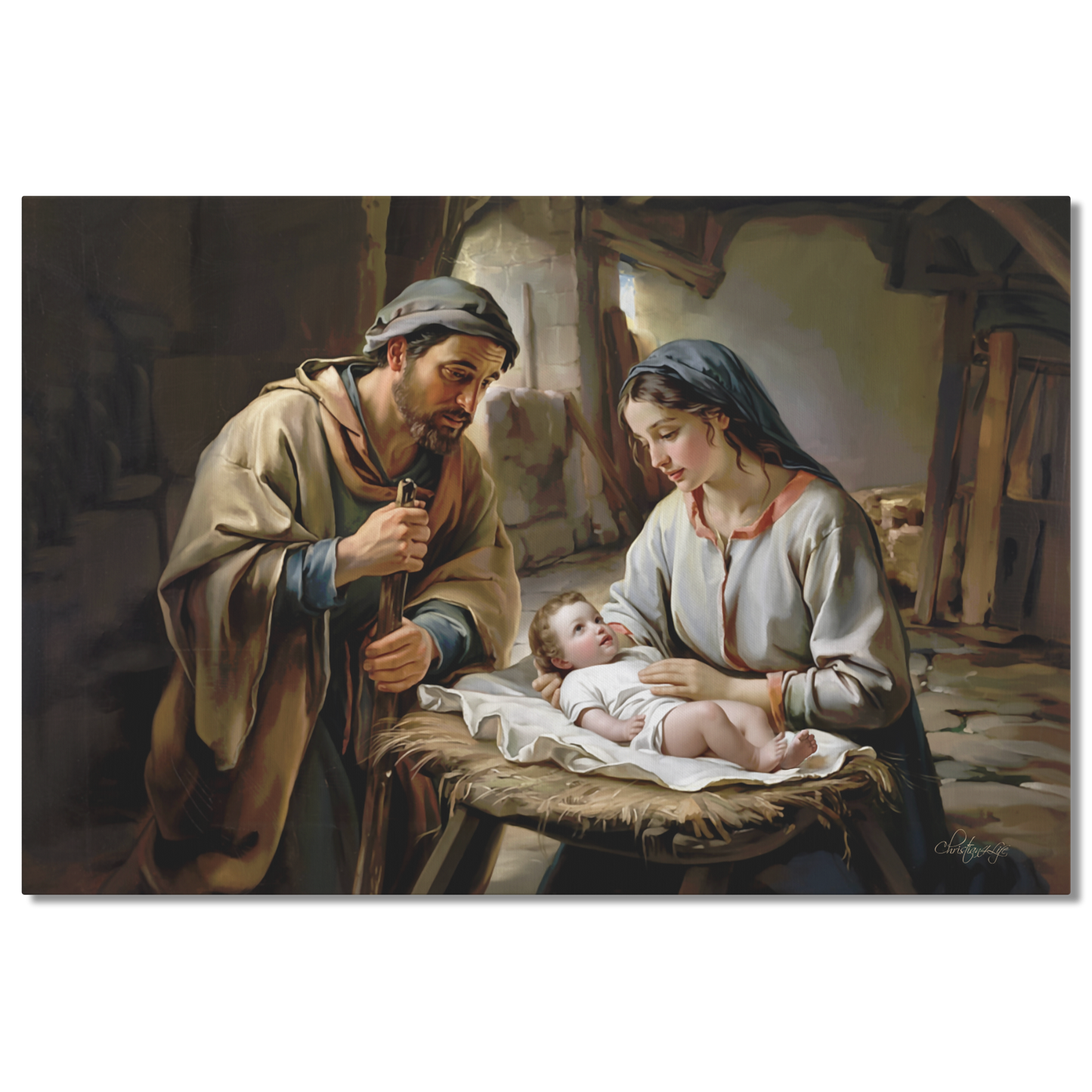 Painting of Joseph, Mary and baby Jesus in a rustic setting