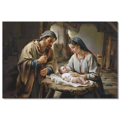 Painting of Joseph, Mary and baby Jesus in a rustic setting
