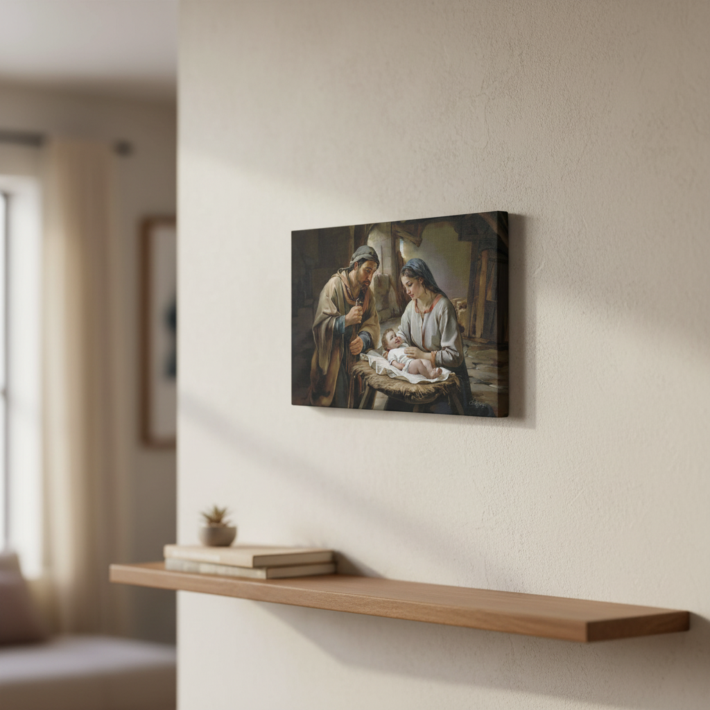 Canvas print of a religious scene on a wall above a wooden shelf.