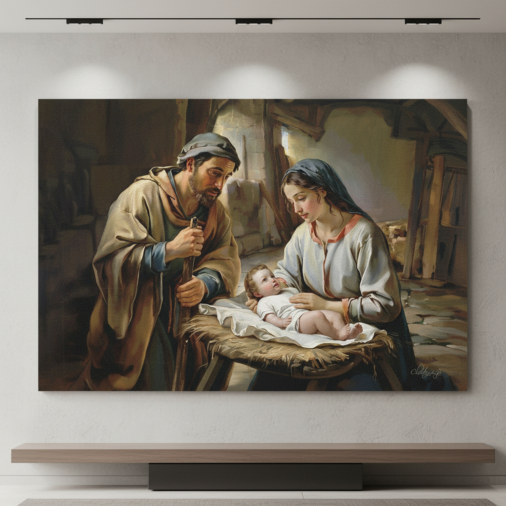 Painting of a nativity scene with Joseph, Mary and baby Jesus in a rustic setting.