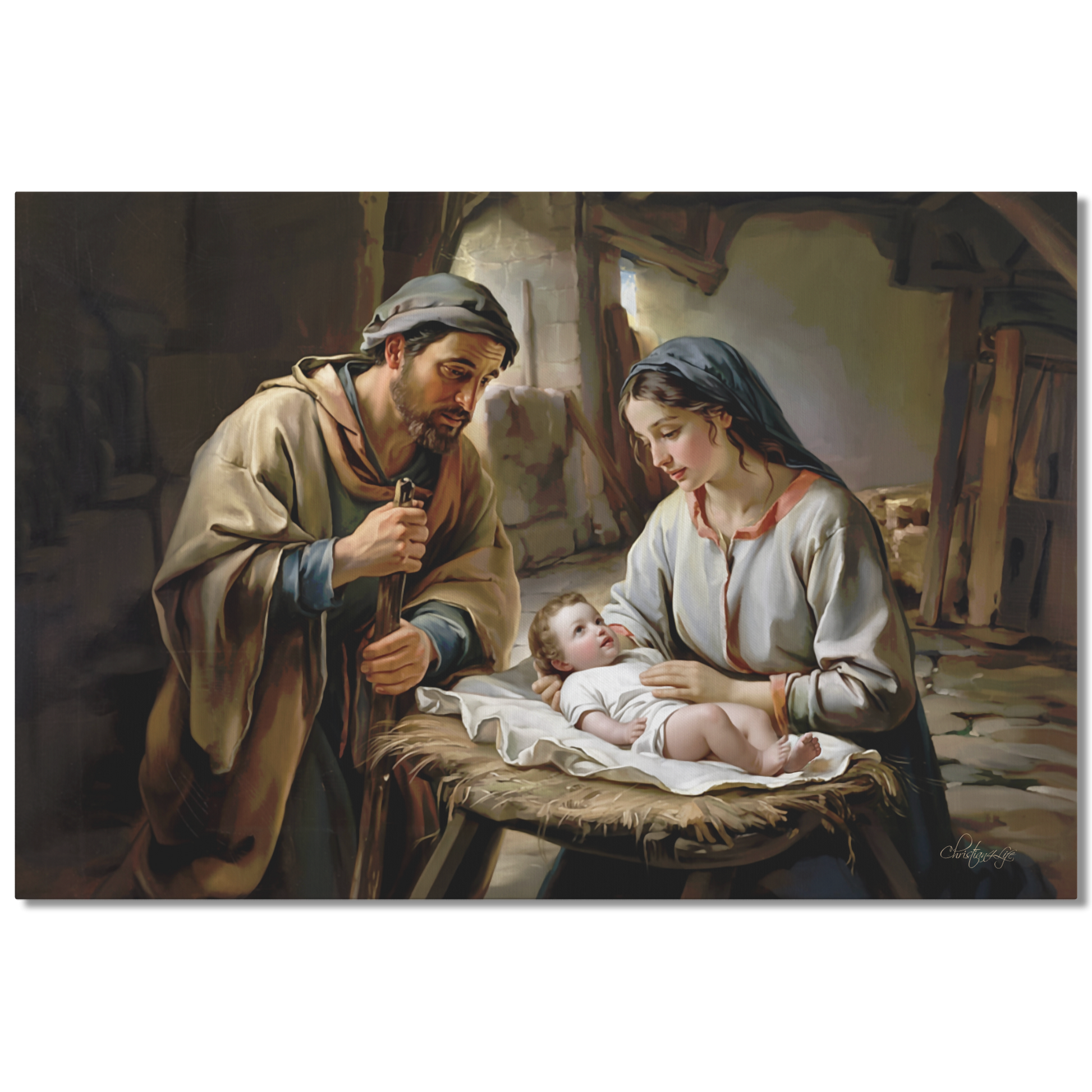 Painting of Joseph and Mary holding baby Jesus in a rustic setting