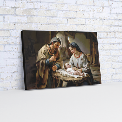 Painting of baby Jesus, Joseph and Mary  on a wooden shelf against a white brick wall.