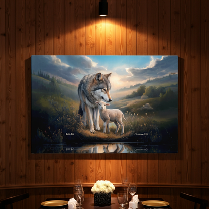 Wolf and Lamb Reflection, Christian Wall Art, Gallery Wrapped Canvas, Isaiah 11:6