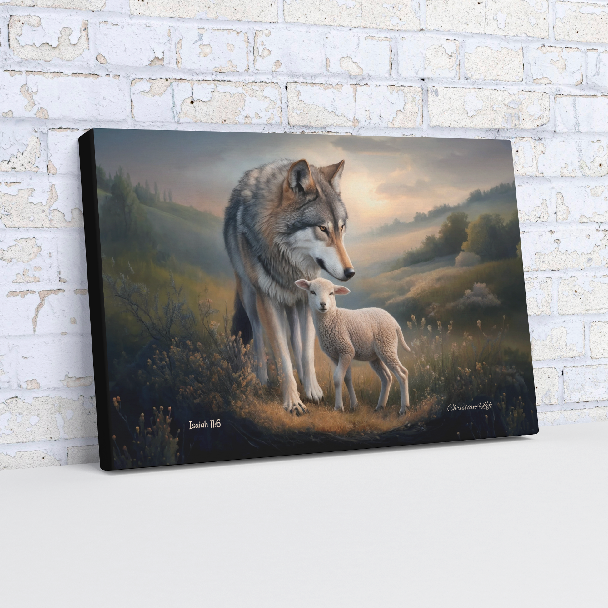 Canvas print of a wolf and lamb standing together in a scenic landscape, leaning against a white brick wall.